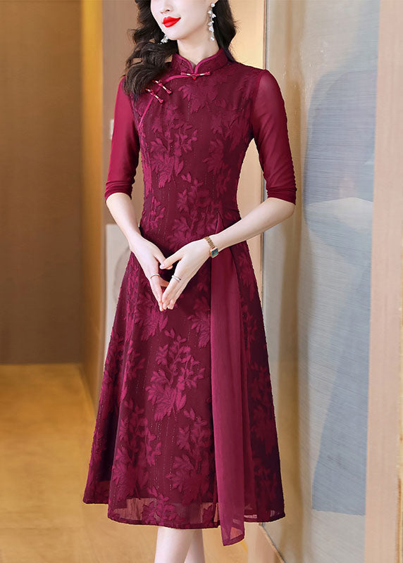 Red Print Patchwork Wrinkled Silk Long Dress Fall