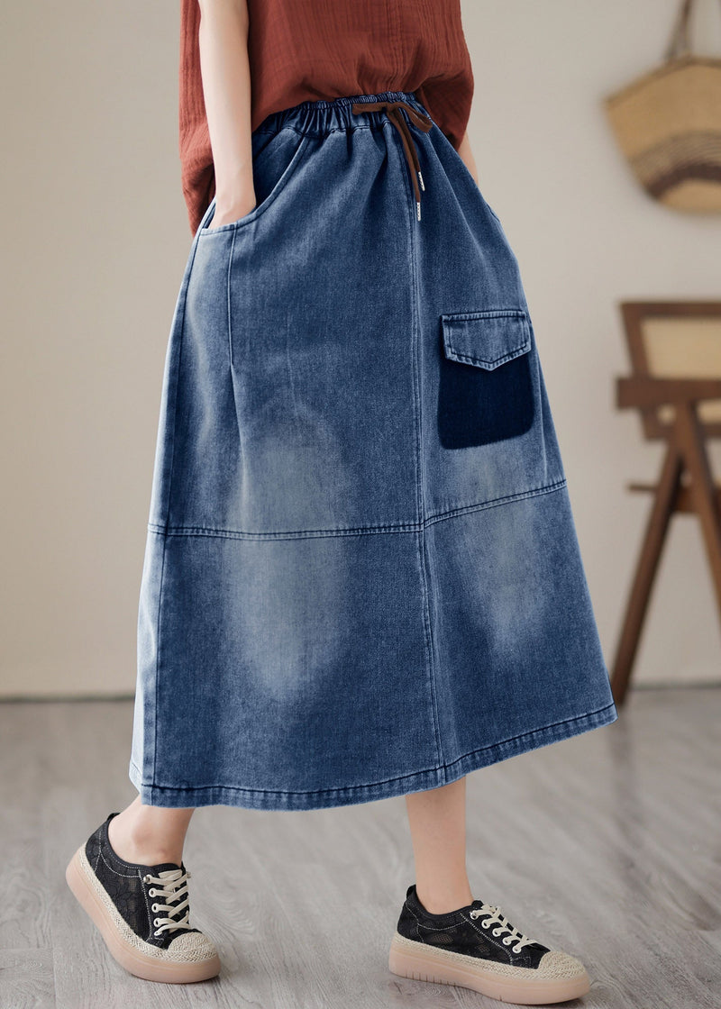 Blue Patchwork Drawstring Elastic Waist Denim Skirts Summer