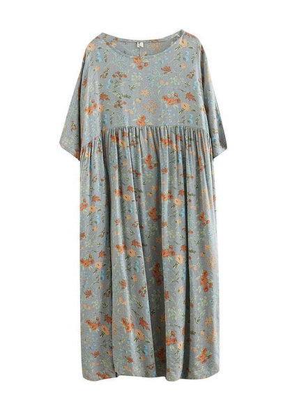 Grey O-neck Patchwork Print Half Sleeve Summer Long Dress