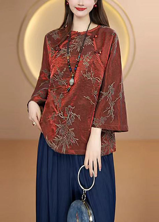 Red O Neck Oriental Button Jacquard Silk Top Fall