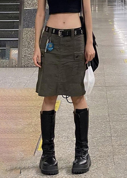 Army Green Pockets High Waist Patchwork Cotton Skirts Fall