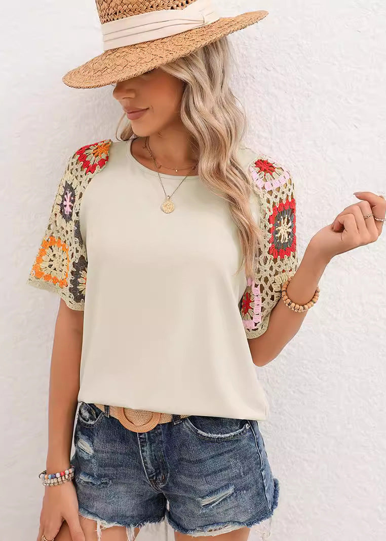 Beige O-neck Hollow Out Hook Flower Cotton Top Summer