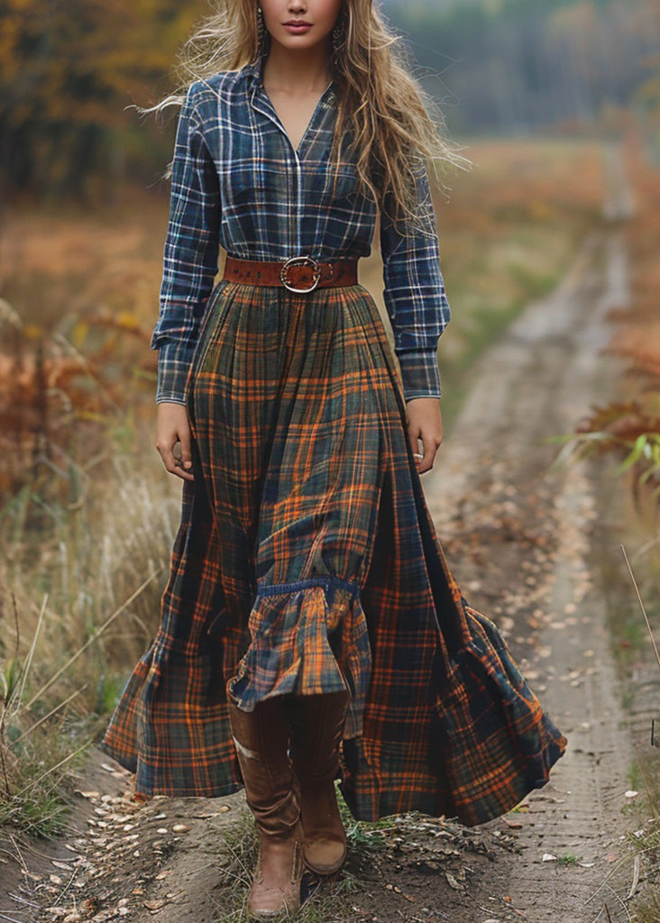 Pastoral Style Plaid Patchwork Cotton Dresses Long Sleeve