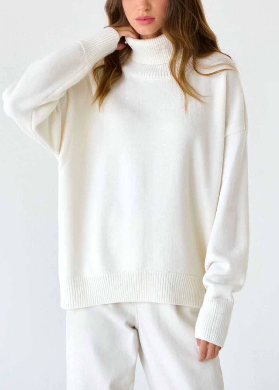 Simple Loose White Hign Neck Thick Knit Sweaters Fall