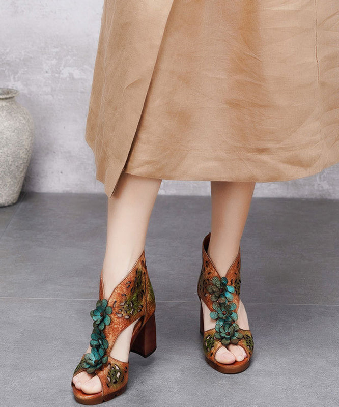 Green Chunky Cowhide Leather Peep Toe Hollow Out Sandals
