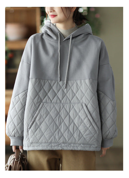 Loose Warm Patchwork Hooded Padded Sweatshirt