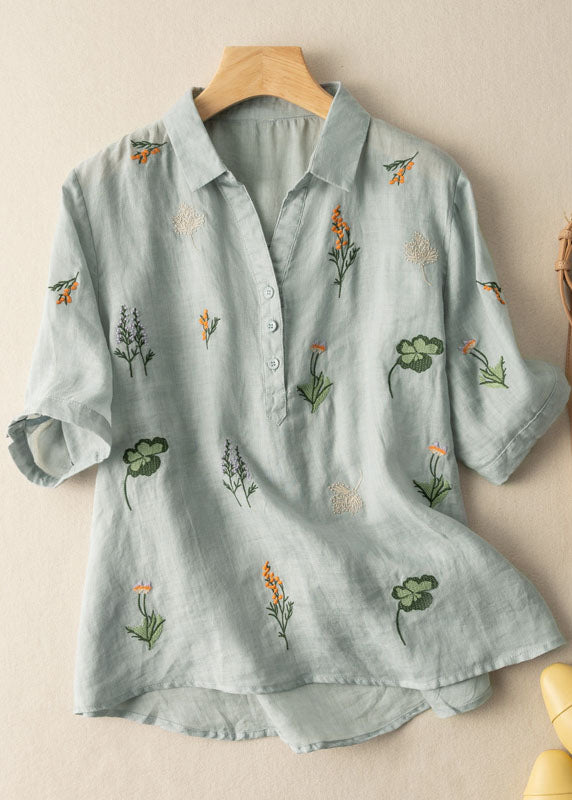 White Peter Pan Collar Print Patchwork Linen Shirt Top Summer