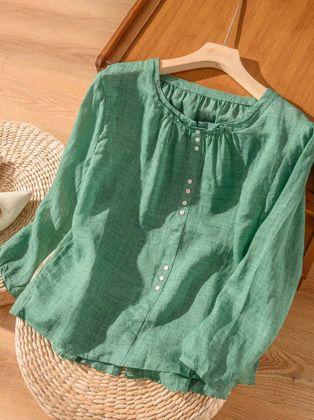 Pure Color Crew Neck Long Sleeve Linen Top