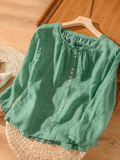 Pure Color Crew Neck Long Sleeve Linen Top