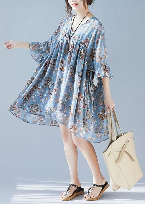 Blue V Neck Loose Print Summer Chiffon Long Dresses Half Sleeve