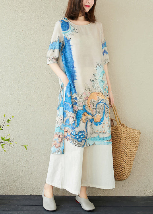 Blue Oversized Print Linen Dresses Summer