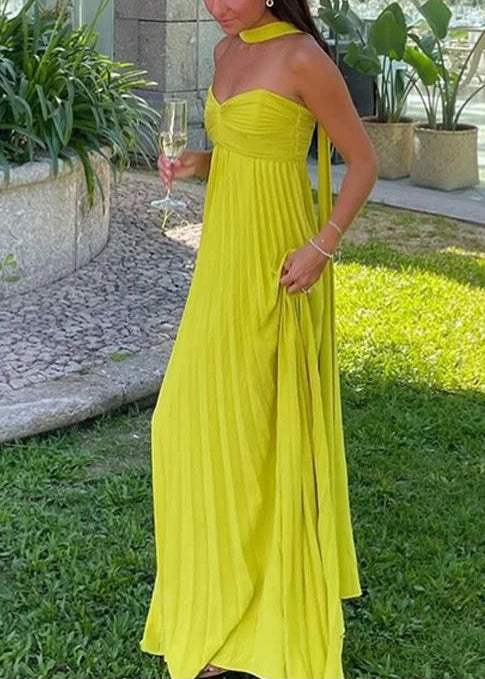 Fluorescent Green Strapless Ribbon Long Dress Sleeveless