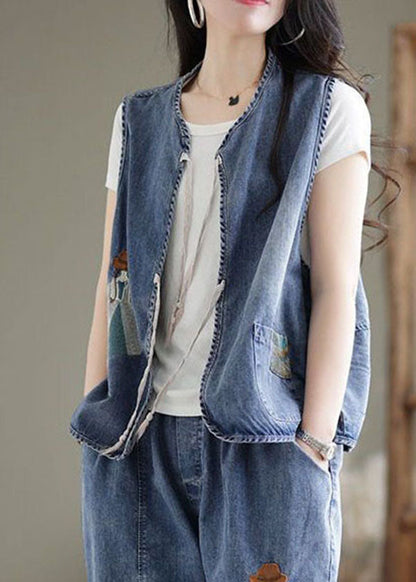 Organic Blue Embroideried O-neck Pocket Lace Up Cotton Vest Tops Sleeveless