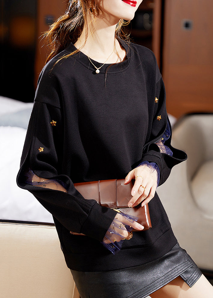 Black O Neck Sequins Patchwork Cotton Sweatshirt Long Sleeve