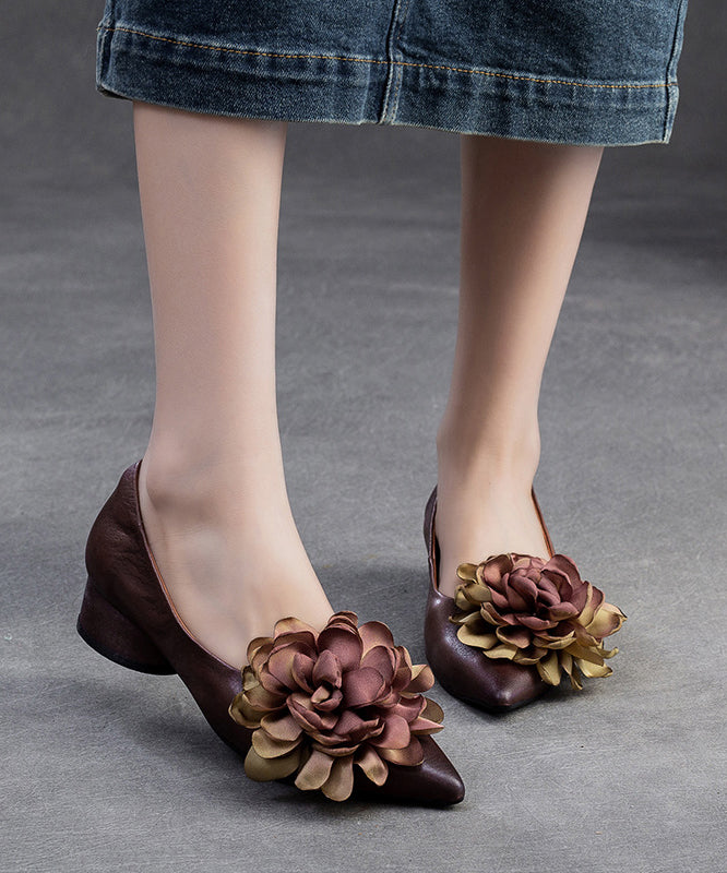 Retro Camel Pointed Toe Cowhide Leather Flats Shoes