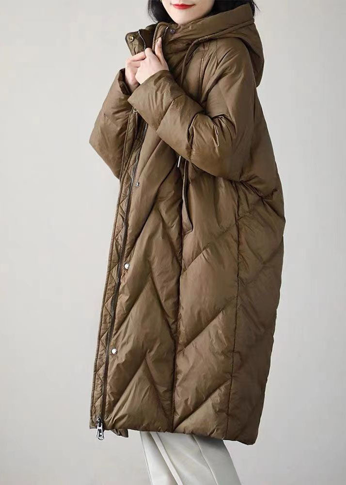 Boutique Coffee Hooded Drawstring Pockets Duck Down Puffer Jacket Winter