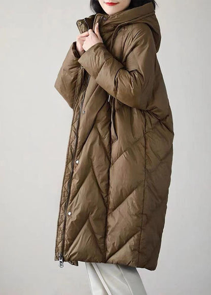 Boutique Coffee Hooded Drawstring Pockets Duck Down Puffer Jacket Winter