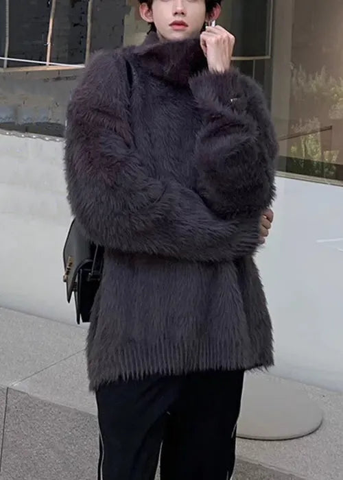 Simple Dark Gray Mink Hair Knitted Sweaters Turtleneck Winter