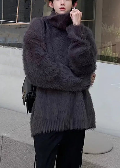 Simple Dark Gray Mink Hair Knitted Sweaters Turtleneck Winter
