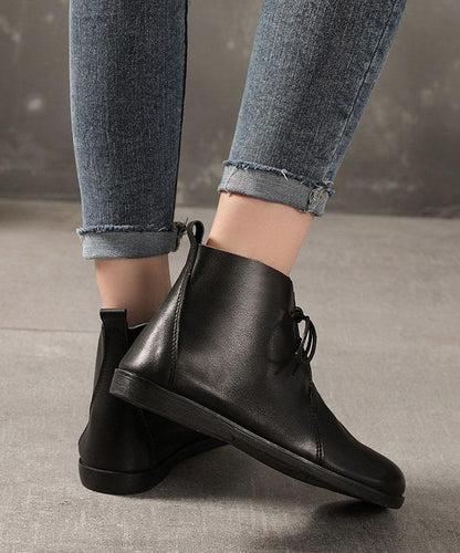 Cross Strap Boots Black Cowhide Leather Ankle Boots