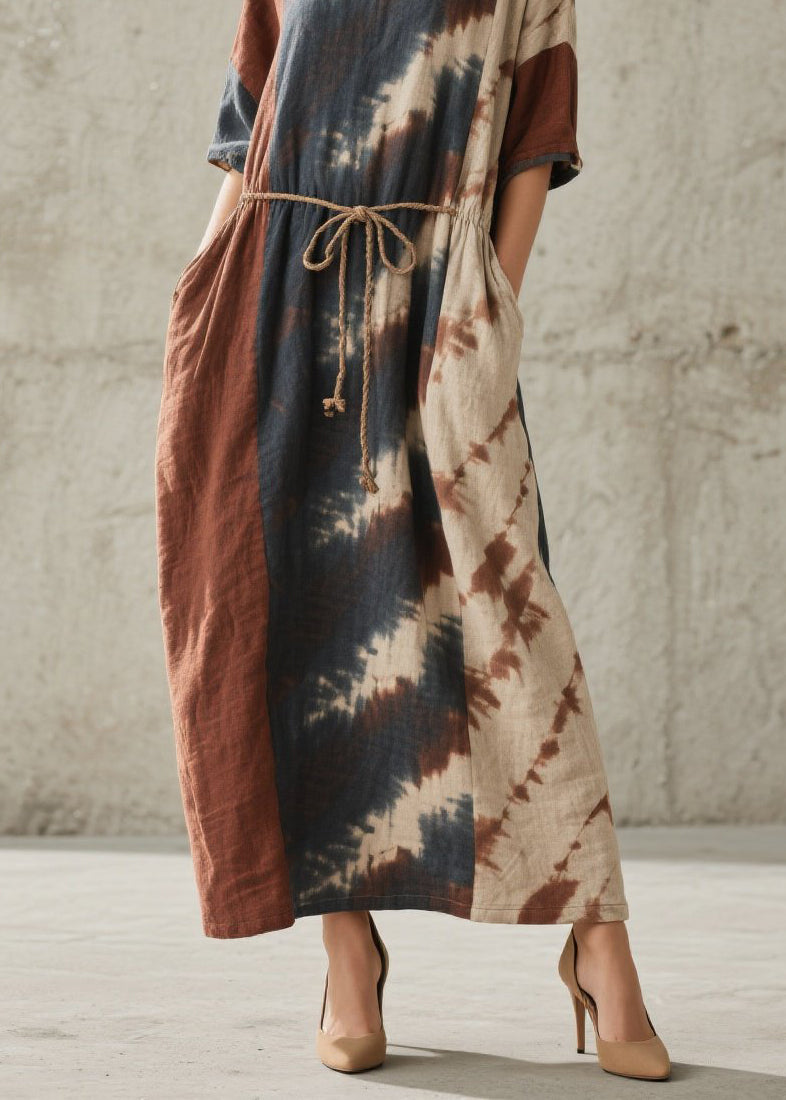 O Neck Tie Dye Lace Up Pockets Cotton Dresses Summer