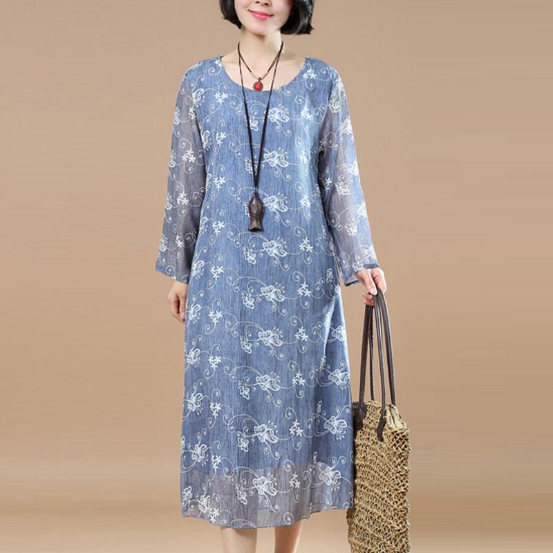 Classy Tunic Fine Summer Printing Loose Blue Dress