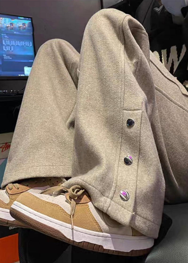 New Light Khaki Button Pockets Woolen Pants Spring