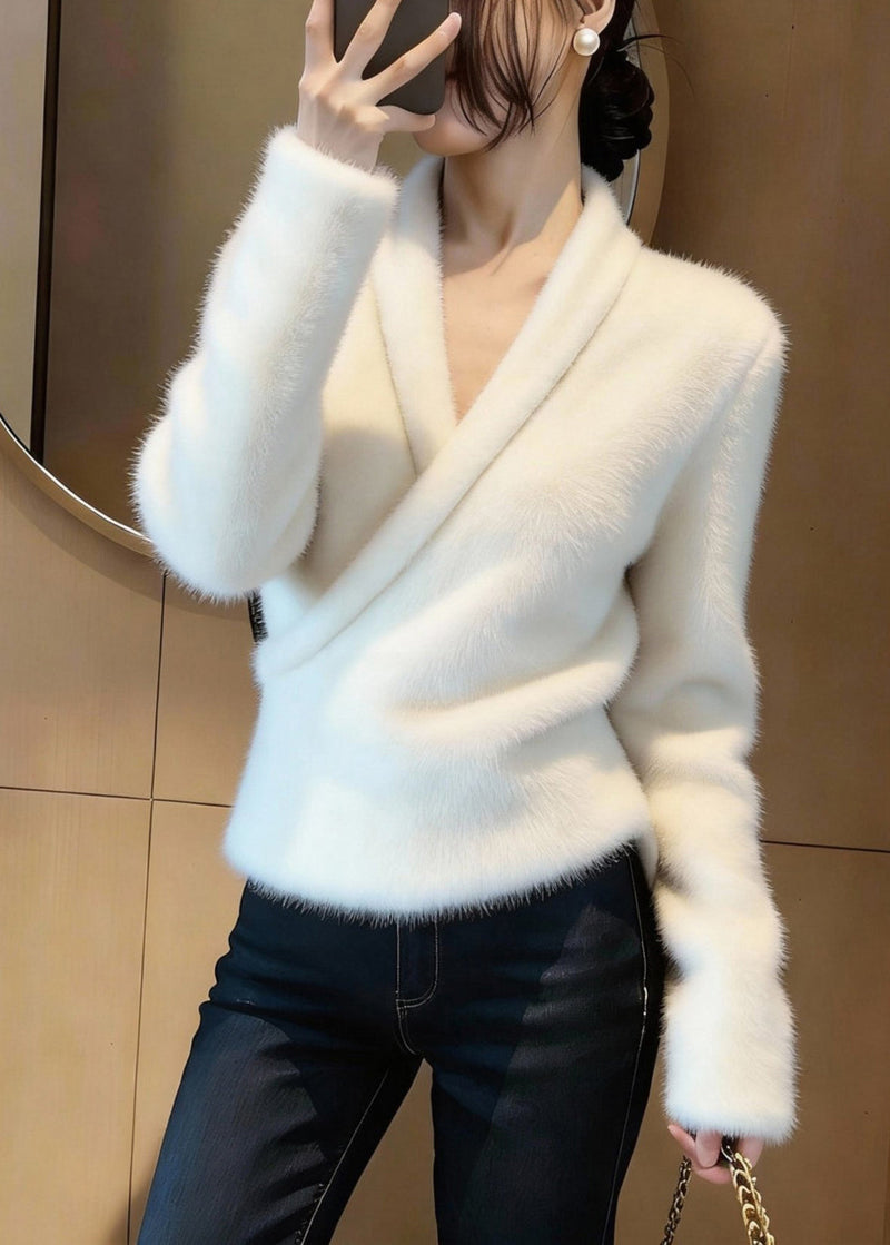 Handmade White Asymmetrical Mink Hair Knitted Sweater Tops Winter