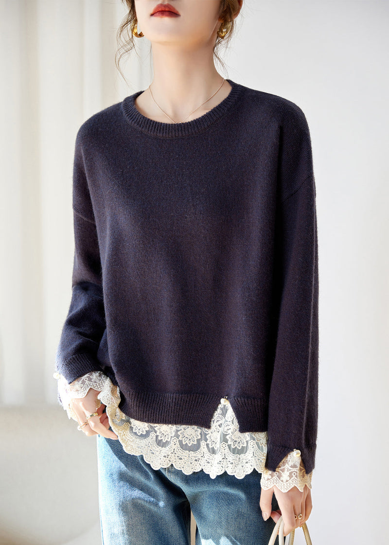 Deep Purple Lace Patchwork Cotton Knit Sweaters Fall
