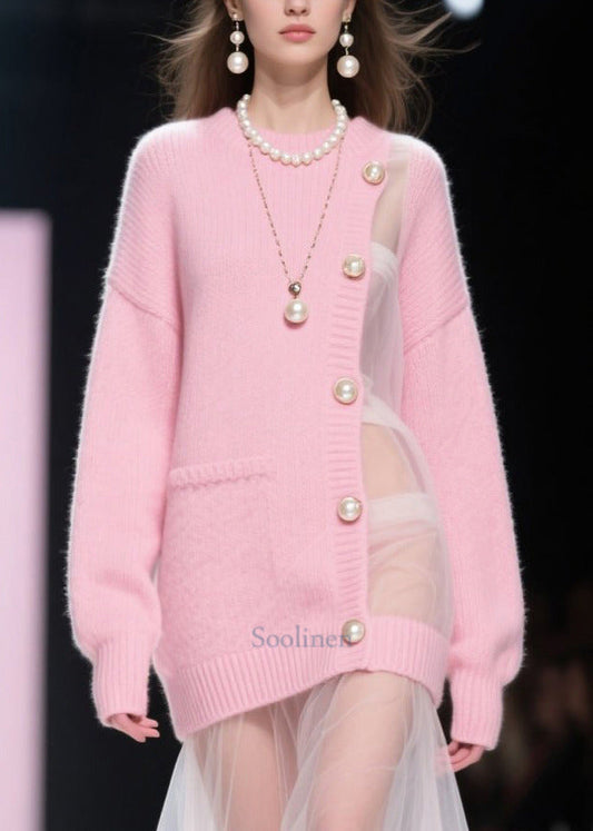 Pink Patchwork Tulle Pearl Knitted Dress Fall