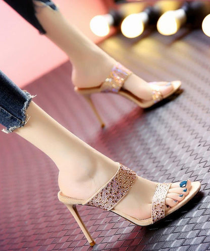 Apricot Zircon Stiletto Peep Toe High Heel Slippers