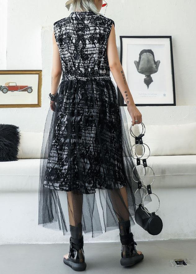 Black Prints Cotton Tunic Sleeveless Maxi Summer Dresses
