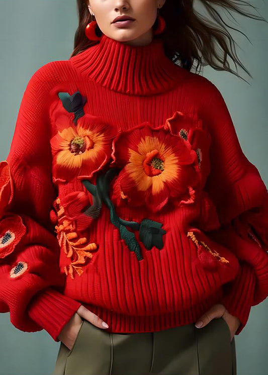 Red Turtleneck Cotton Knit Sweaters Long Sleeve
