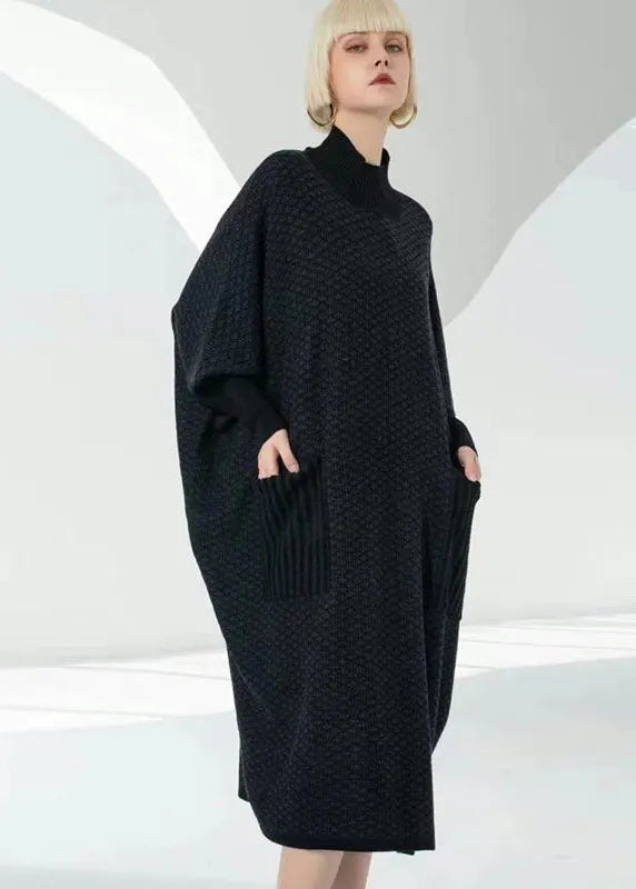 Coffee Turtle Neck Patchwork Pockets Wool Sweater Dress Long Sleeve