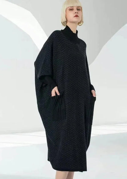 Coffee Turtle Neck Patchwork Pockets Wool Sweater Dress Long Sleeve