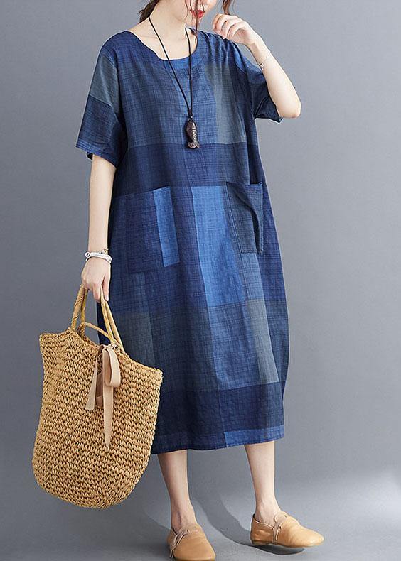 Corron Linen Red O Neck Plaid Summer Maxi Dresses