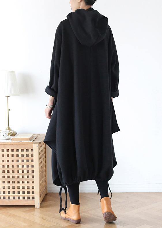 100% Hooded Asymmetric Cotton Wardrobes Work Black Maxi Dress
