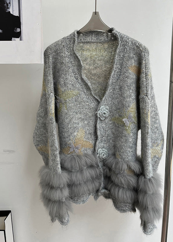 Modern Light Grey V Neck Fur Cotton Knit Cardigans Fall