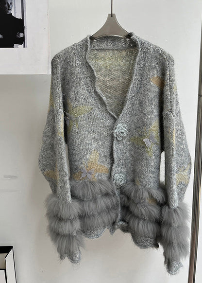 Modern Light Grey V Neck Fur Cotton Knit Cardigans Fall