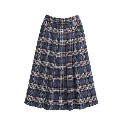 Blue and White Plaid Pleated Loose Skirt