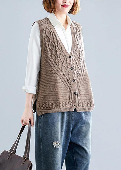 Fall Dark Khaki V Neck Knitted Blouse Loose Fitting Sleeveless Clothes