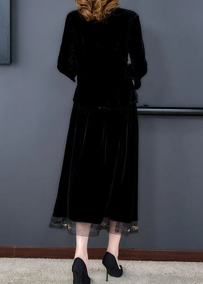 Art Black O-neck Tulle Patchwork Silk Velour Top and Maxi Skirts Two Pieces Set Long Sleeve