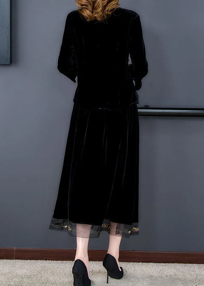 Art Black O-neck Tulle Patchwork Silk Velour Top and Maxi Skirts Two Pieces Set Long Sleeve