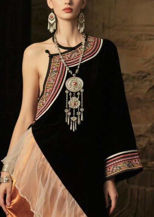 Style Black Asymmetrical Patchwork Silk One Shoulder Dress Summer
