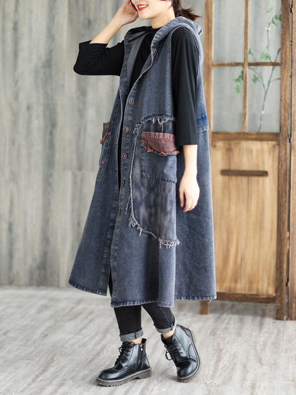 Patchwork Button Pocket Hooded Denim Vest