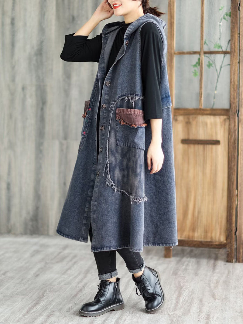 Patchwork Button Pocket Hooded Denim Vest