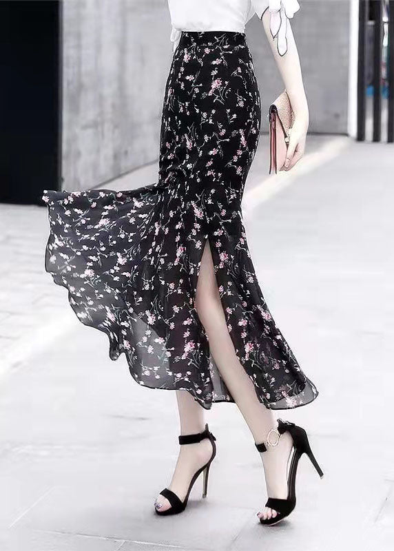 Handmade Black Asymmetrical Design Side Open Plaid Chiffon Skirts Spring