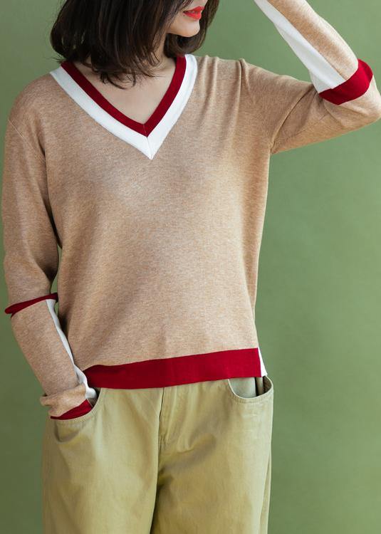 Chunky Khaki Knit Blouse V Neck Sweaters Side Open