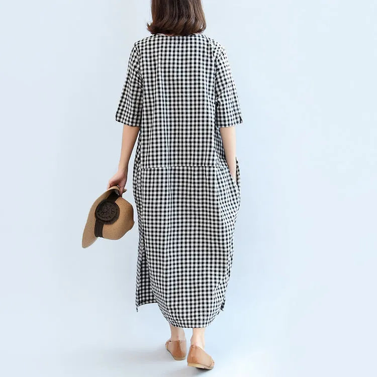 Black White Plaid Cotton Dresses Baggy Loose Half Sleeve Maxi Dress Side Open