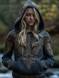 Women's Vintage Viking-style Golden Double-crow Three-dimensional Embroidered Hooded Sweater elevenforest